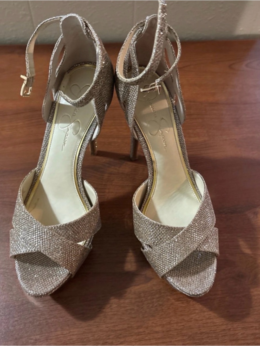 Jessica Simpson Glitter Champagne Strappy Stiletto Sandals